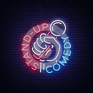 Comedy Show Stand Up invitation is a neon sign. Logo, Emblem Bright flyer, light poster, neon banner, brilliant night