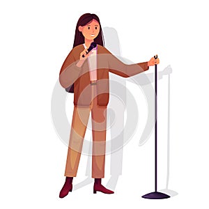 Comedy stand up show with talent female comedian, woman standing with microphone isolated