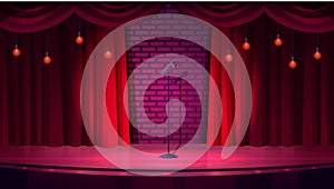 Comedy theater empty stage, concert scene with red curtains drape on brick wall, lights