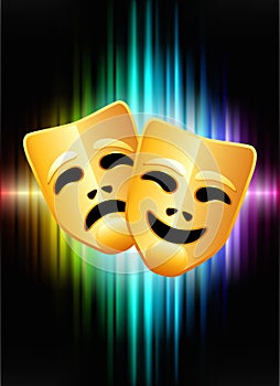 Comedy and Tragedy Masks on Abstract Spectrum Background