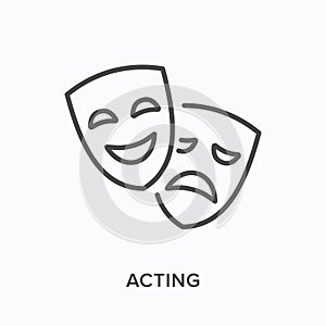 Comedy and tragedy masks flat line icon. Vector outline illustration of theatre drama, performance. Actors thin linear