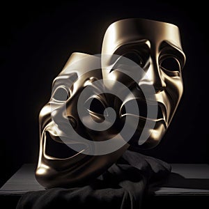 Comedy and tragedy masks reflecting joy and sadness on solid black background rim and atmosphere light. ai generative