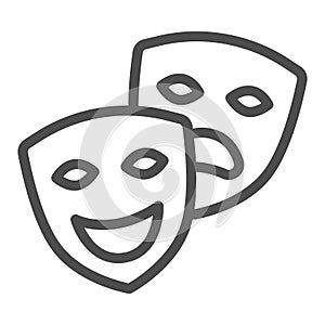 Comedy and tragedy masks, theatrical masks line icon, theater concept, happy sad face vector sign on white background