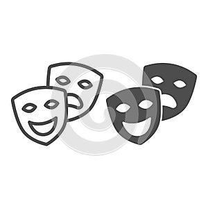 Comedy and tragedy masks, theatrical masks line and solid icon, theater concept, happy sad face vector sign on white