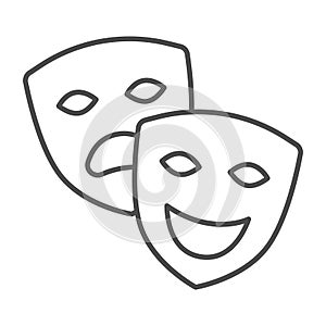 Comedy and tragedy masks, theatrical masks thin line icon, theater concept, happy sad face vector sign on white