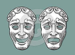 Comedy and tragedy theater masks. Vector engraving vintage black illustration