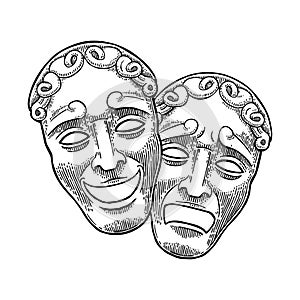 Comedy and tragedy theater masks. Vector engraving vintage black illustration photo