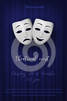 Comedy and Tragedy theatrical mask isolated on a blue curtain background. Vector illustration.