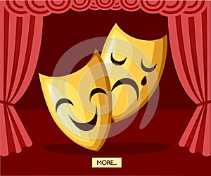 Comedy and tragedy theatrical masks. Golden theater masks. Greek culture. Flat vector illustration on stage background