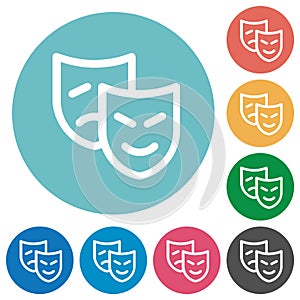 Comedy and tragedy theatrical masks outline flat round icons
