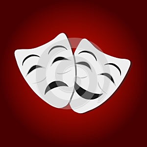 Comedy and tragedy theatrical masks. White theatrical masks on red background. Theater mask flat icon isolated