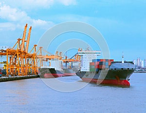 Comercial ship with container on shipping port for import export