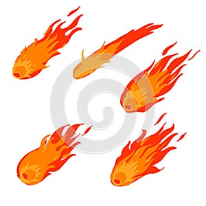 Comet asteroid and meteorite. Atmospheric fireballs with handdrawn doodle cartoon style vector