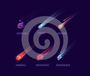 Comet asteroid and meteorite. Cartoon space objects. Atmospheric fireballs vector set