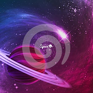 Comet flying around the planet with rings on colorful space background. Vector illustration for your design, artworks.