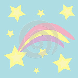 Comet meteor flame with star shining icon set. Shooting falling stars. Pastel color. Flat design Blue sky baby background