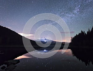 A comet and Milky Way rises above Mt Hood