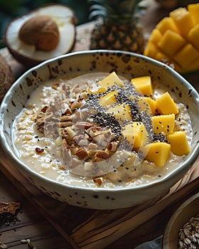 Comfort food bowl oatmeal with mango slices nuts