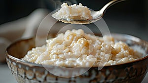 comfort food ideas, a scoop of creamy rice pudding from a cozy bowl, ideal for a rainy day the ultimate comfort food