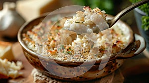 comfort food illustration, a rustic bowl with a creamy rice pudding, a spoonful being lifted, offering comfort on a