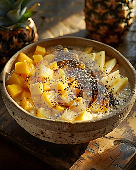 Comfort food macaroni and cheese in cassolette with pineapple backdrop