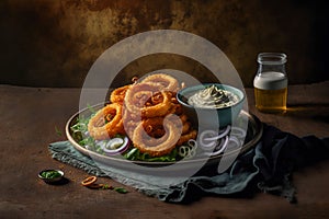 Comfort food: A plate of golden brown, crispy onion rings and dip, Generative AI