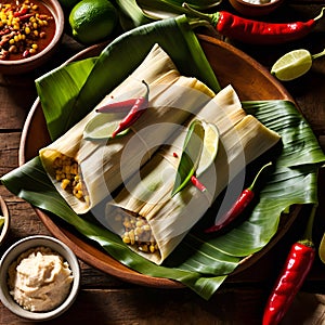 Comfort food tamales on a banana leaf, served on a wooden table