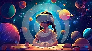 In comfort of home, asian girl embarks on interstellar adventure, exploring planets via VR headset