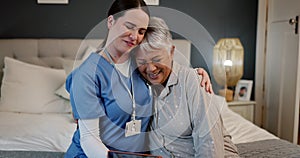 Comfort, hugging and nurse with senior woman in the bedroom for medical wellness consultation. Happy, care and caregiver