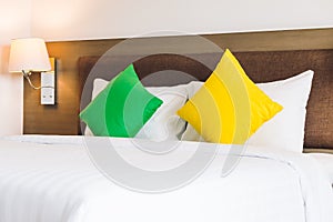 Comfort pillow on bed decoration interior