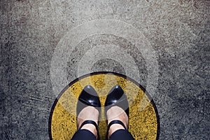 Comfort Zone Concept, Woman with leather shoes Standing inside a