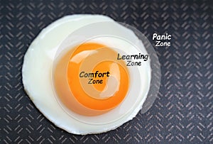Comfort zone. Learning zone. Fried egg in a pan. Panic zone. Concept