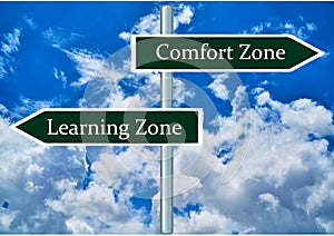 Comfort zone and Learning zone road signs. photo