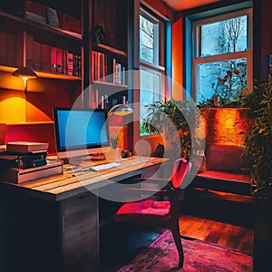 Comfortable aestetic office with wooden furniture lighted by orange and pink lights
