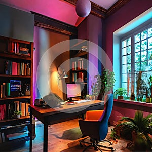 Comfortable aestetic office with wooden furniture lighted by orange and pink lights