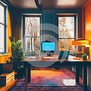 Comfortable aestetic office with wooden furniture lighted by orange and pink lights