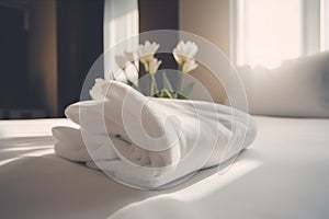 comfortable bath bedchamber spa modern welcome window flower towel bed. Generative AI.