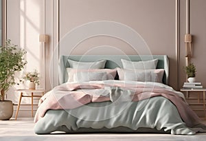 Comfortable bed with soft pillows in room. Interior design concept.