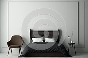 Comfortable bedroom with empty wall mockup design, dark bed and wooden chair Generative AI