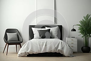 Comfortable bedroom with empty wall mockup design, dark bed and wooden chair Generative AI