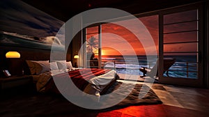 Comfortable bedroom featuring a large bed with a stunning view of the sunset. AI-generated.
