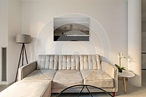 Comfortable beige corner sofa near a glass coffee table on a picture in a cozy living room. Concept of a lounge zone for