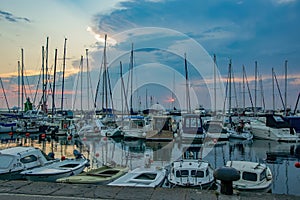 Comfortable boats and yachts moored in harbour of Piran, Slovenia