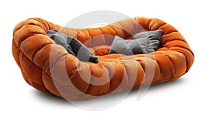 Comfortable brown sofa with orange pillows isolated