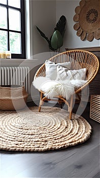 A comfortable chair in a setting made of natural materials by the window.