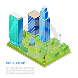 Comfortable city and smart building isometric vector illustration. Intelligent building with green plants, city