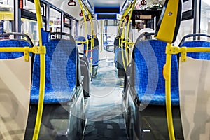 comfortable City vehicle bus salon with empty passenger seats