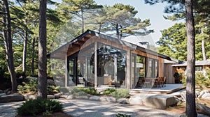 Comfortable cottage in the modernist style, featuring sleek lines and minimalist design photo