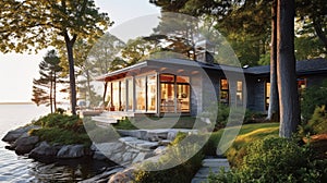 Comfortable cottage in the modernist style, featuring sleek lines and minimalist design photo