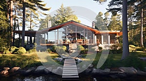 Comfortable cottage in the modernist style, featuring sleek lines and minimalist design photo